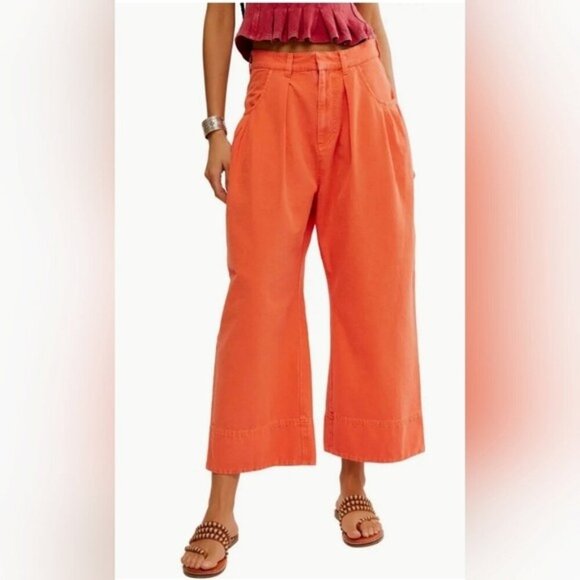 Free People Sweet Talk Chino Pants Wide Barrel Leg Mid Rise Linen/Cot Orange 10 - Picture 11 of 11